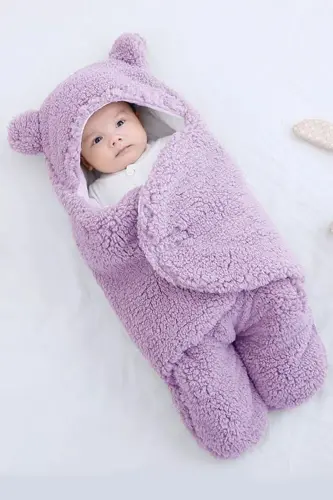 0 - 12 Ay Içi Elyaflı Kulaklı Welsoft Dış Kundak Bebek Battaniye - Lila 