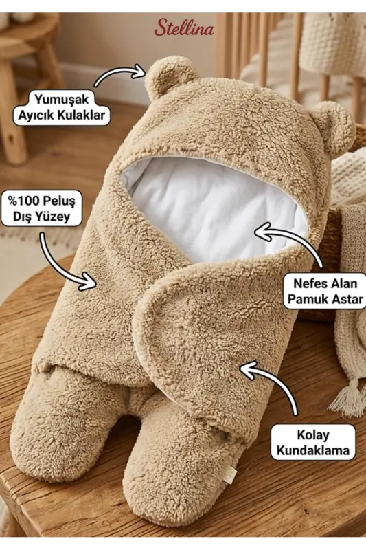 0- 12 Ay Içi Elyaflı Kulaklı Welsoft- Peluş Bebek Battaniyesi- Welsoft Bebek Uyku Tulumu-KoyuKrem - 2