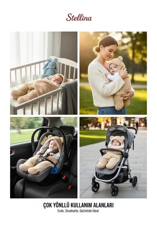 0- 12 Ay Içi Elyaflı Kulaklı Welsoft- Peluş Bebek Battaniyesi- Welsoft Bebek Uyku Tulumu-KoyuKrem - 4