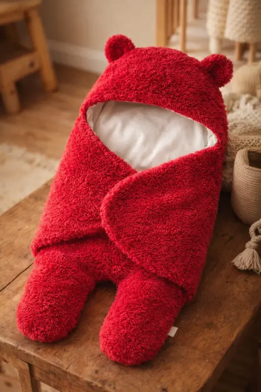 0 - 12 Ay Kulaklı Welsoft Dış Kundak Bebek Battaniye Fuşya Renkli-Koyu Kahverengi - 2