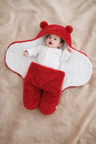 0 - 12 Ay Kulaklı Welsoft Dış Kundak Bebek Battaniye Fuşya Renkli-Koyu Kahverengi - 3