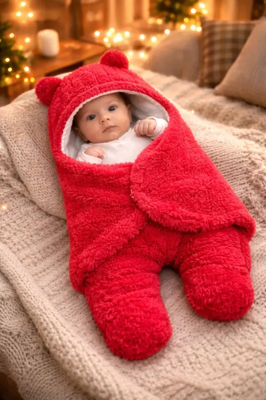 0 - 12 Ay Kulaklı Welsoft Dış Kundak Bebek Battaniye Fuşya Renkli-Koyu Kahverengi - MAI PERLA