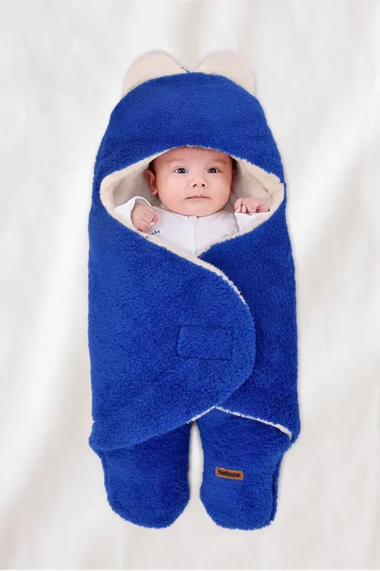 0-12 Month Double-Layer Fiber Baby Swaddle - Plush Baby Blanket - Footed Welsoft Baby Sleeping Bag - Blue - BEIBONS