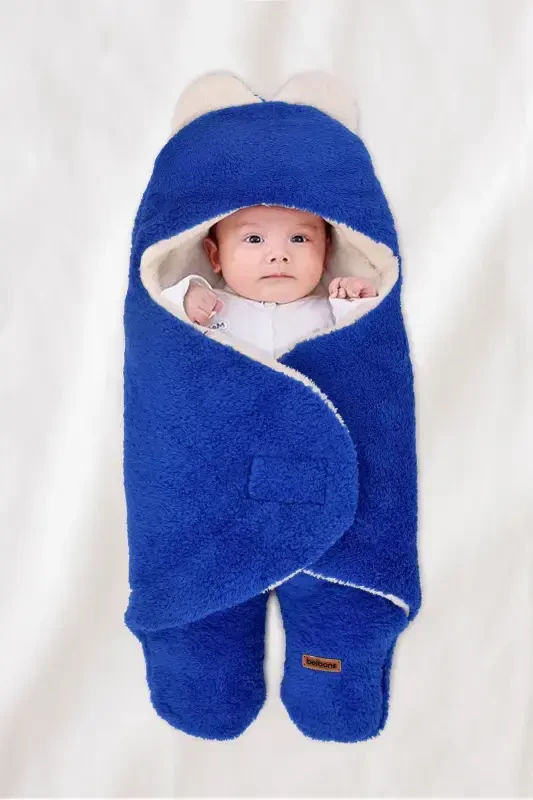 0-12 Months Double Layer Fiber Baby Outer Swaddle- Plush Baby Blanket- Footed Welsoft Baby Sleeping Bag-Blue - 1