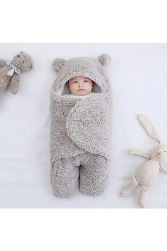 0 - 12 Months Ear Flap Welsoft Outer Swaddle Baby Blanket-Gray - 1