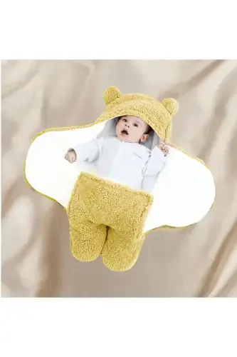0 - 12 Months Ear Welsoft Outer Swaddle Baby Blanket-Yellow - 2