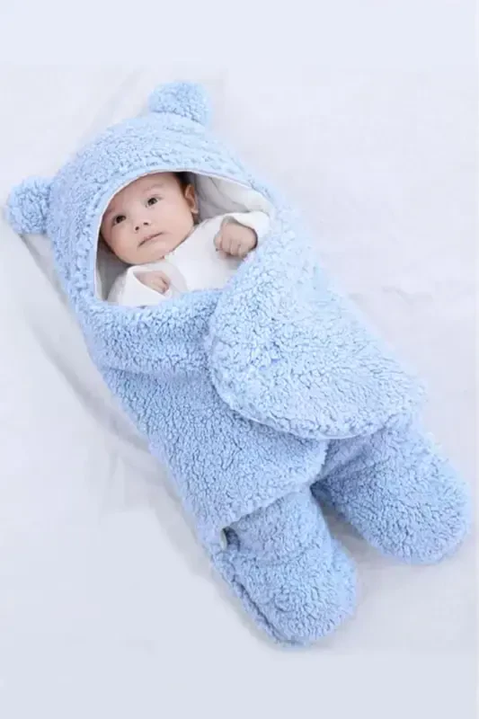 0 - 12 Months Eared Welsoft Outer Swaddle Baby Blanket-Blue - 1