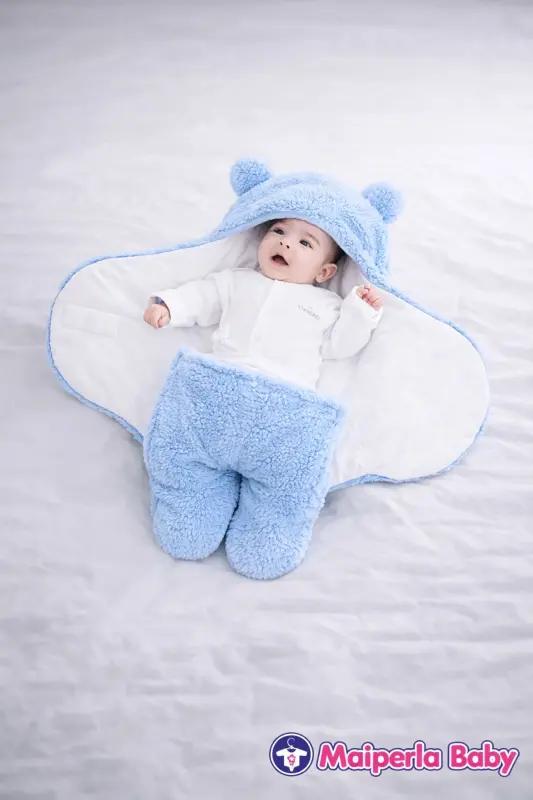 0 - 12 Months Eared Welsoft Outer Swaddle Baby Blanket-Blue - 2