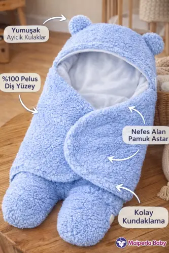 0 - 12 Months Eared Welsoft Outer Swaddle Baby Blanket-Blue - 3