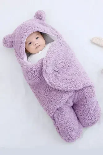0 - 12 Months Fiber Filled Ear Welsoft Outer Swaddle Baby Blanket-Lilac - 1