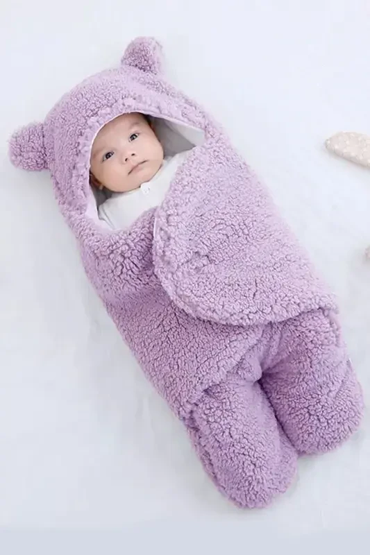 0 - 12 Months Fiber Filled Ear Welsoft Outer Swaddle Baby Blanket-Lilac - 1