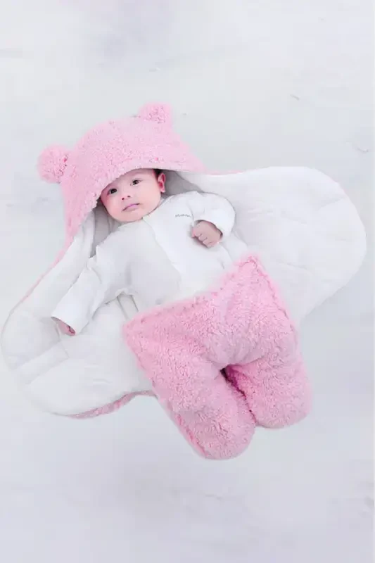 0 - 12 Months Fiber Filled Ear Welsoft Outer Swaddle Baby Blanket-Pink - 2