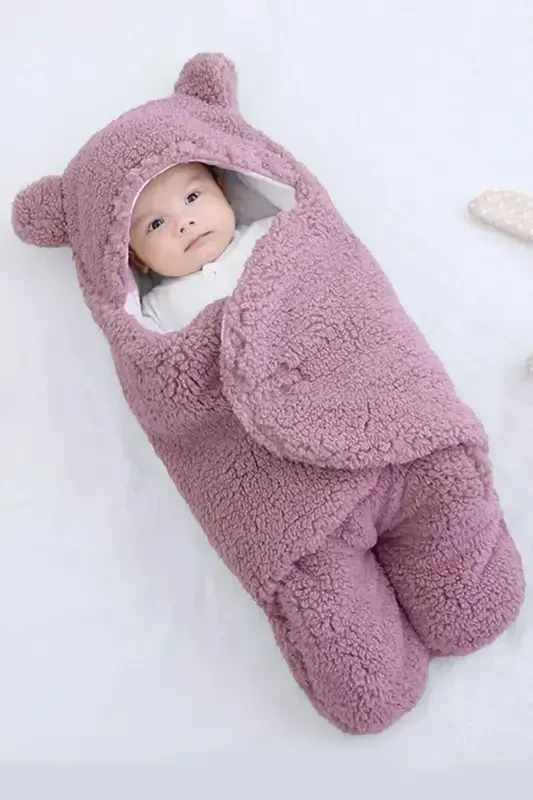 0 - 12 Months Fiber Filled Ear Welsoft Outer Swaddle Baby Blanket-Plum - MAI PERLA