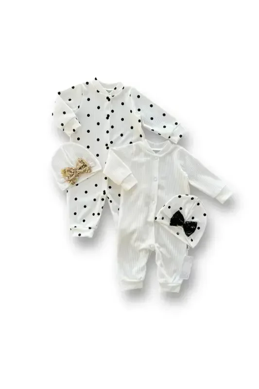 0-3 3-6 6-9 Months Sequined Hat Snap Closure Polka Dot and Plain 2 Piece Set Baby Girl Romper - 1