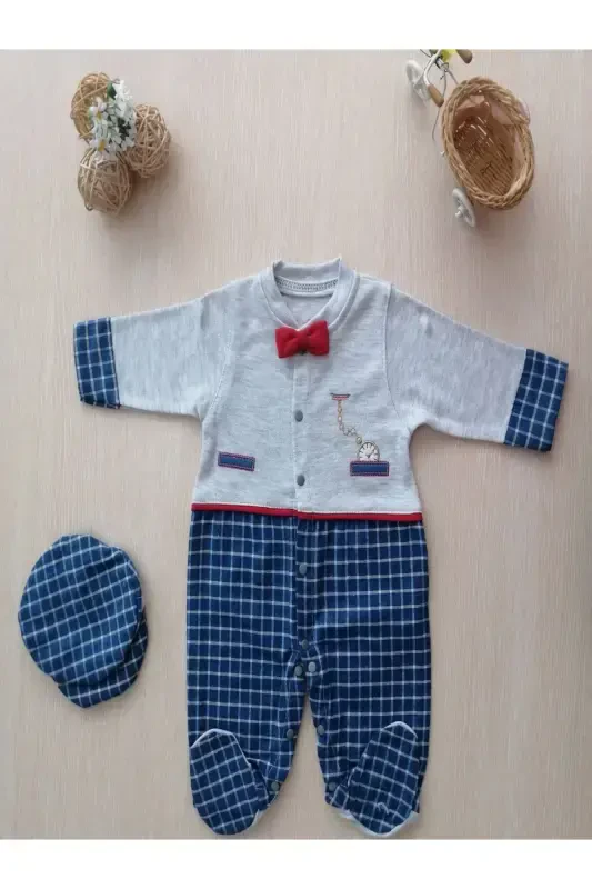 0-3 3-6 Месяцев Детский Комбинезон для Мальчиков с Шапочкой и Бабочкой - 1