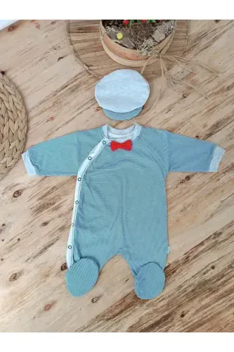 0-3 3-6 Months Baby Boy Romper with Bow Tie Stripe Pattern and Snap Closure - 1