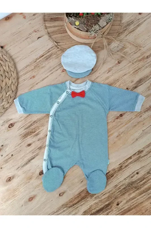 0-3 3-6 Months Baby Boy Romper with Bow Tie Stripe Pattern and Snap Closure - 1