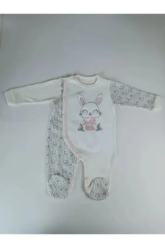 0-3 3-6 Months Tiny Rabbit Embroidered Snap-Front Sleepsuit - GENEL MARKALAR