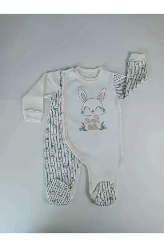 0-3 3-6 Months Tiny Rabbit Embroidered Snap-Front Sleepsuit - 2