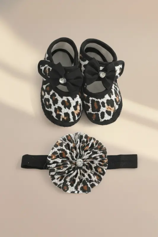 0-3 Ay Yeni Doğan Kırçıllı Desen Siyah-Beyaz Bebek Bandana Patik Seti - Siyah Beyaz - 1