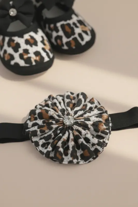 0-3 Ay Yeni Doğan Kırçıllı Desen Siyah-Beyaz Bebek Bandana Patik Seti - Siyah Beyaz - 4