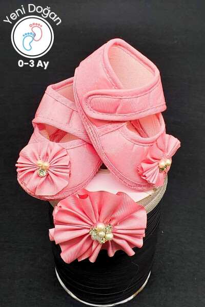 0-3 Month Newborn Girl Pink Flower Pearl And Stone Baby Bandana Bootie Set - 9