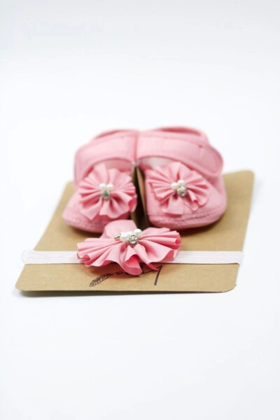 0-3 Month Newborn Girl Pink Flower Pearl And Stone Baby Bandana Bootie Set - 5