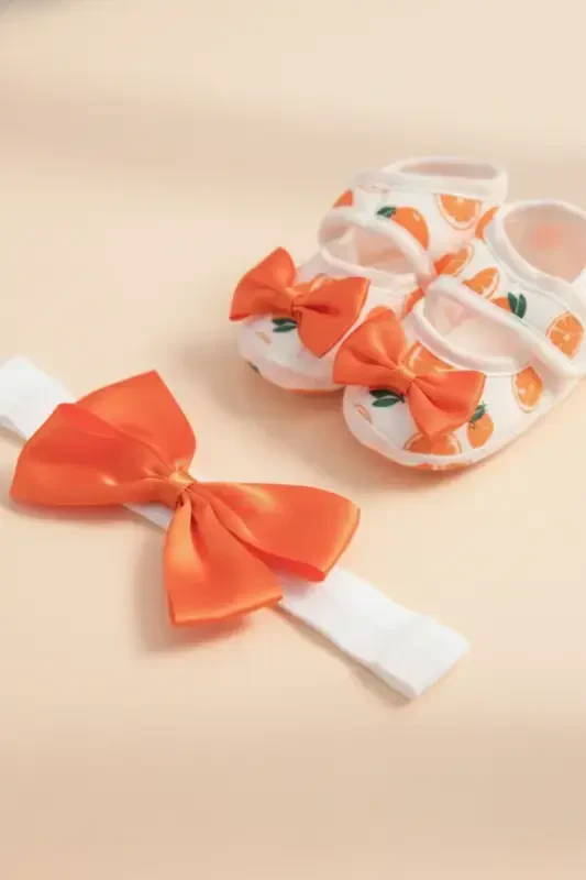 0-3 Months Newborn Orange-white Baby Bandana Bootie Set with Orange Pattern - LOGO AKSESUAR