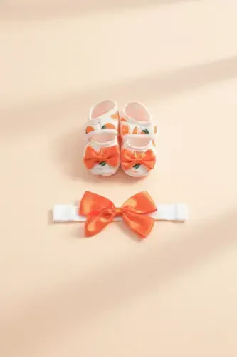 0-3 Months Newborn Orange-white Baby Bandana Bootie Set with Orange Pattern - LOGO AKSESUAR (1)