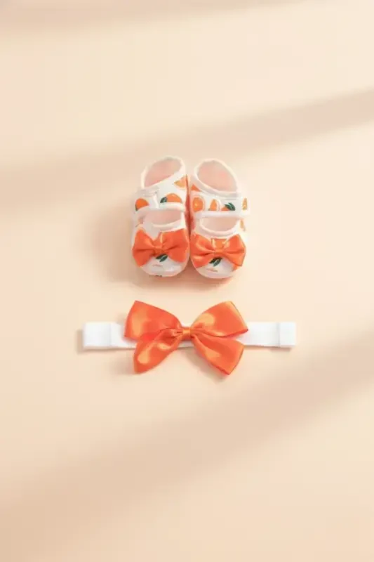 0-3 Months Newborn Orange-white Baby Bandana Bootie Set with Orange Pattern - 2