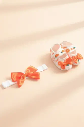 0-3 Months Newborn Orange-white Baby Bandana Bootie Set with Orange Pattern - 3