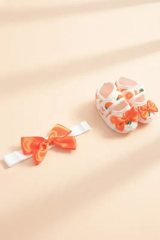 0-3 Months Newborn Orange-white Baby Bandana Bootie Set with Orange Pattern - 3