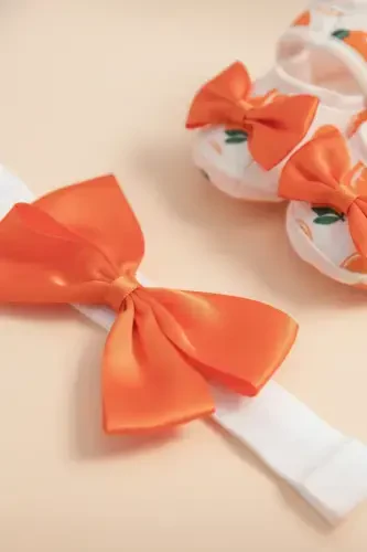 0-3 Months Newborn Orange-white Baby Bandana Bootie Set with Orange Pattern - 4