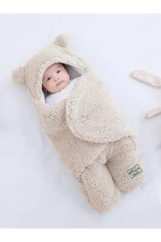 0-4 Ay Bebek Dış Kundak Uyku Tulumu Kıvırcık Wellsoft Peluş Bej - bej - 2