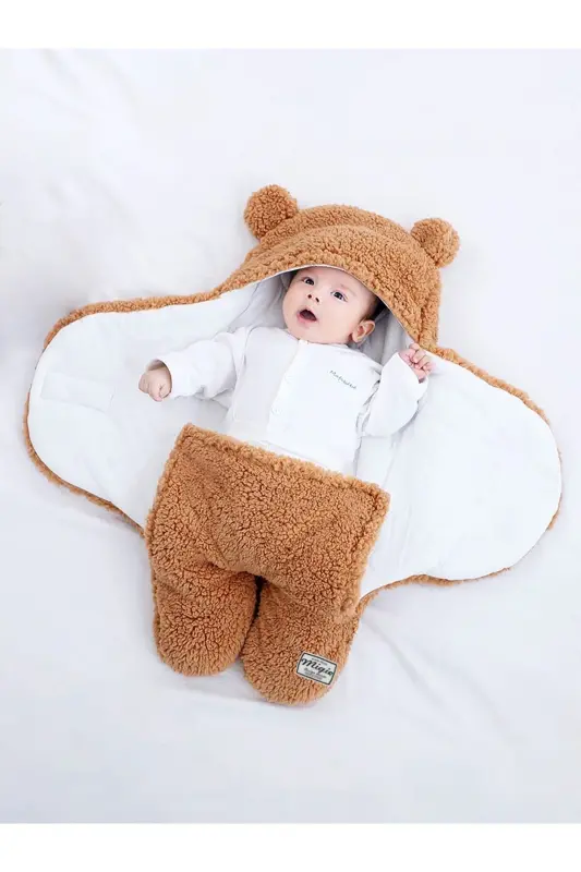 0-4 Ay Bebek Dış Kundak Uyku Tulumu Kıvırcık Wellsoft Peluş Kapuçino - Kapuçino - 2