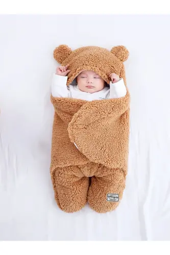 0-4 Ay Bebek Dış Kundak Uyku Tulumu Kıvırcık Wellsoft Peluş Kapuçino - Kapuçino - 3