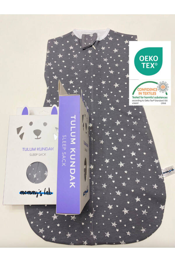 0-4 Ay Yeni Sezon Renkli Gri Yıldız Desenli Çıtçıtlı Fermuarlı Tulum Kundak (OEKO TEX CIF BELGELİ)-Gri Yıldız - 1