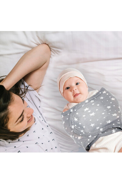 0-4 Ay Yeni Sezon Desenli Renkli % 100 Pamuk Hazır Yarım Kuşak Kundak Kemer (OEKO TEX CIF BELGELİ)-GRİ YILDIZ - 9
