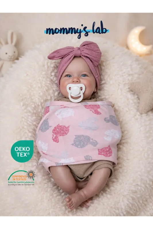 0-4 Ay Yeni Sezon Desenli Renkli % 100 Pamuk Hazır Yarım Kuşak Kundak Kemer (OEKO TEX CIF BELGELİ)-Kedi Desen Kız - 1