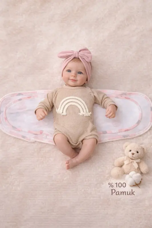 0-4 Ay Yeni Sezon Desenli Renkli % 100 Pamuk Hazır Yarım Kuşak Kundak Kemer (OEKO TEX CIF BELGELİ)-Kedi Desen Kız - 5