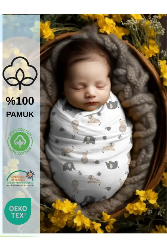 0 - 4 Ay Yeni Sezon Renkli Desenli Cırtlı Bebek Pamuk Kundak %100 Pamuk (OEKO TEX VE CIT BELGELİ) - Animals Ekru - 1