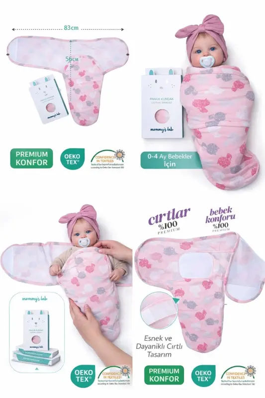 0 - 4 Ay Yeni Sezon Renkli Desenli Cırtlı Bebek Pamuk Kundak %100 Pamuk (OEKO TEX VE CIT BELGELİ)-Pembe - MOMMYSLAB