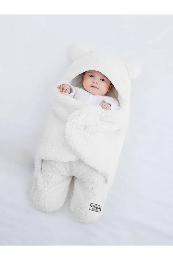 0-4 Month Baby Swaddle Sleeping Bag Curly Wellsoft Plush Off-White - 3