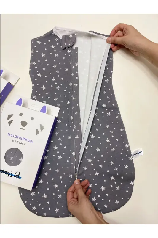 0-4 Month New Season Patterned Snap & Zipper 100% Cotton Jumpsuit Swaddle Grey Star - Tog1.0 Sleep Sack - 7