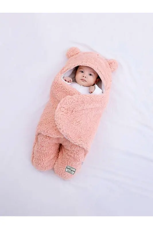 0-4 Months Baby Outdoor Swaddle Sleeping Bag Curly Wellsoft Plush Pink - 1
