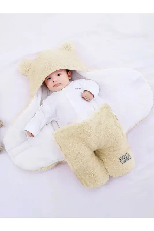 0-4 Months Baby Outer Swaddle Sleeping Bag Curly Wellsoft Plush Ivory-Ivory - 2