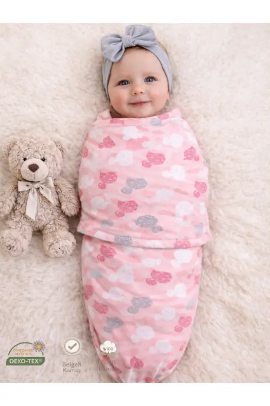 0 - 4 Months New Season Colored Patterned Velcro Baby Cotton Swaddle 100% Cotton (OEKO TEX AND CIT CERTIFIED) - Pink - 1