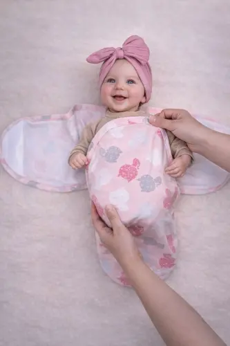 0 - 4 Months New Season Colored Patterned Velcro Baby Cotton Swaddle 100% Cotton (OEKO TEX AND CIT CERTIFIED) - Pink - MOMMYSLAB (1)