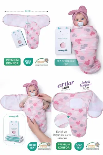 0 - 4 Months New Season Colored Patterned Velcro Baby Cotton Swaddle 100% Cotton (OEKO TEX AND CIT CERTIFIED) - Pink - 7