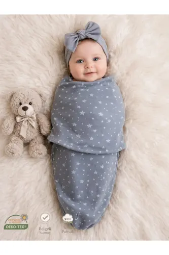 0-4 Months New Season Colorful Patterned Velcro Cotton Baby Swaddle 100% Cotton (OEKO TEX AND CIT CERTIFIED)-GRAY STAR 